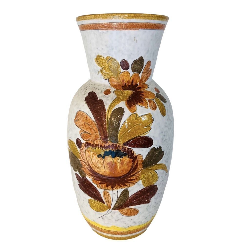 Vintage Large Italy Bitossi Rosenthal Floral Yellow Brown Stoneware Vase MCM 13“